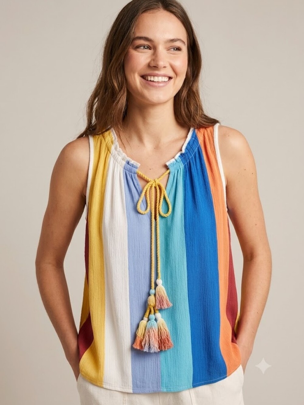 Rocks and Indigo Striped Boho Tank Top Gathered Neck Nautical New England Summer